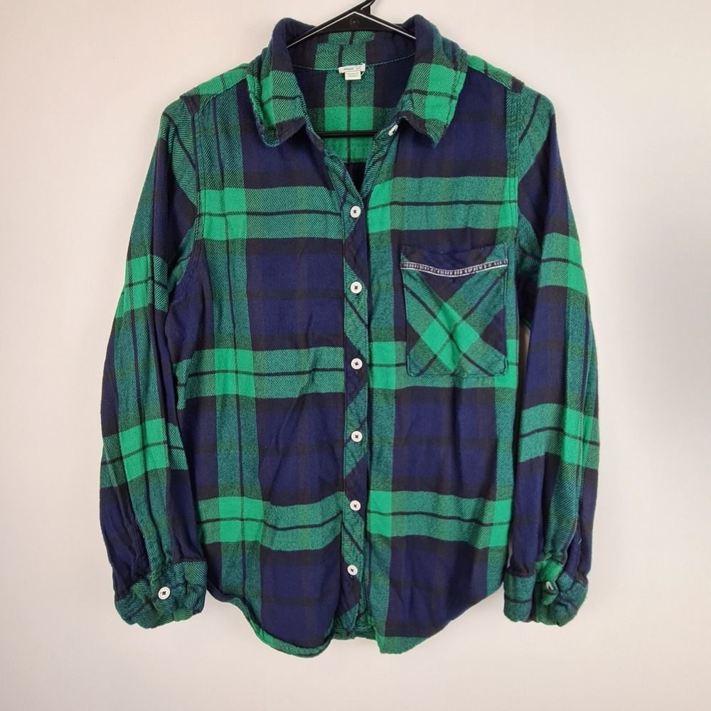 Aerie Intimates Women's S Green Plaid Flannel Boyfriend Pajama Button Shirt Cozy
